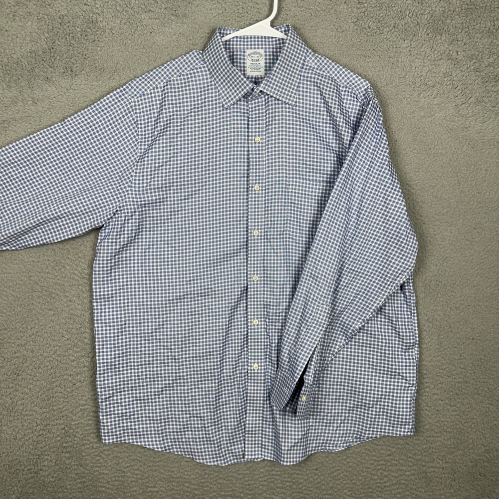 Brooks Brothers Dress Shirt Mens 16.5-33 Regular Blue White Gingham Stretch EUC